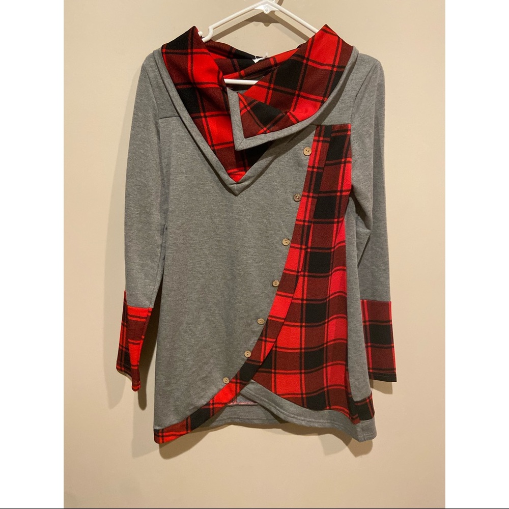 Dressfo Plaid Cowel Neck Tunic